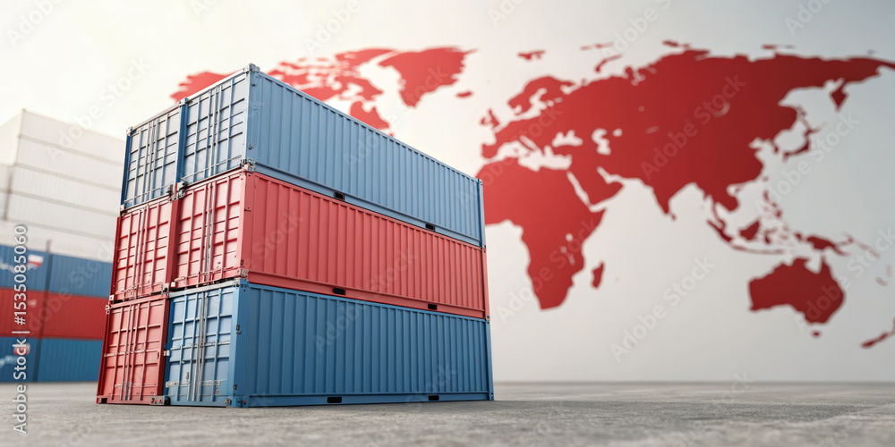Poster import tariff policy concept. shipping containers with a world map background.