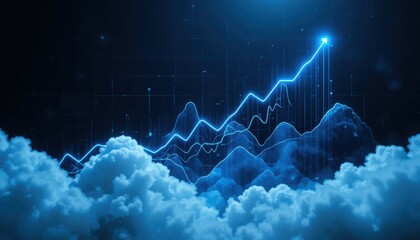 Futuristic Data Visualization with Rising Graph Trends and Digital Clouds in a Tech-Themed Background