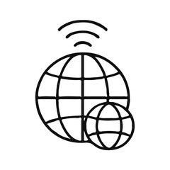 Illustration icon of two globes with a wireless signal above, representing global connectivity, internet access, networking, worldwide communication, and digital infrastructure.
