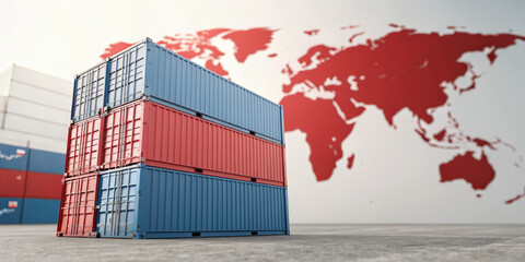 Import tariff policy concept. Shipping containers with a world map background.
