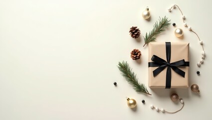 Minimalist holiday flat lay with wrapped gift, black ribbon, pinecones, ornaments, and fir branches on light background.