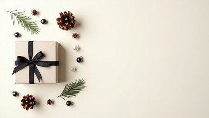 Minimalist holiday flat lay with wrapped gift, black ribbon, pinecones, ornaments, and fir branches on light background.