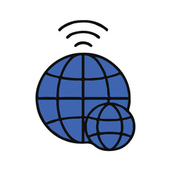 Illustration icon of two globes with a wireless signal above, representing global connectivity, internet access, networking, worldwide communication, and digital infrastructure.