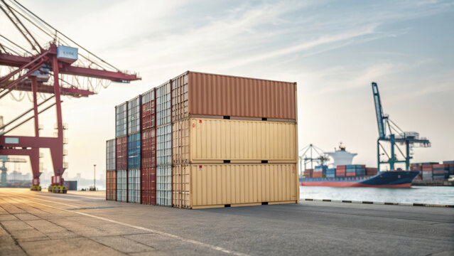 Import tariff policy concept. Shipping containers stacked at a port with cranes and a cargo ship in view.