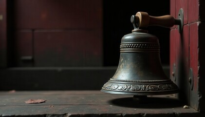 Obraz premium Dark, aged temple bell, wooden clapper inside, locked, closed, closeup