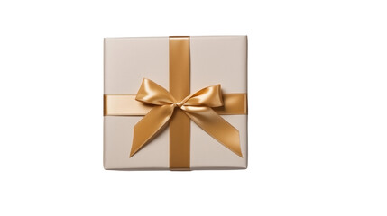 Christmas gift box with gold ribbon, pine ornaments, festive winter holiday present, beige background, isolated on transparent background.
