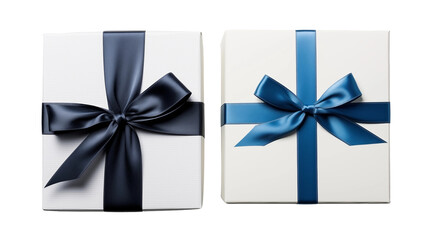 Navy-teal satin ribbon gift boxes, luxury packaging, white background studio shot, festive holiday design, isolated on transparent background.