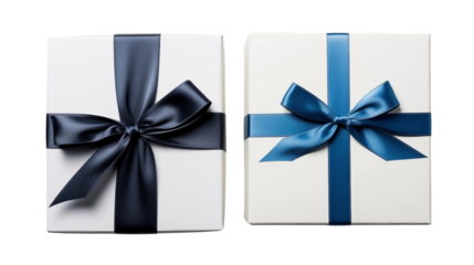 Navy-teal satin ribbon gift boxes, luxury packaging, white background studio shot, festive holiday design, isolated on transparent background.