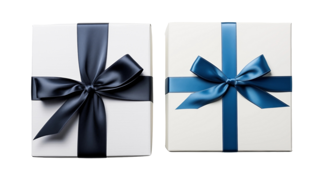Navy-teal satin ribbon gift boxes, luxury packaging, white background studio shot, festive holiday design, isolated on transparent background.