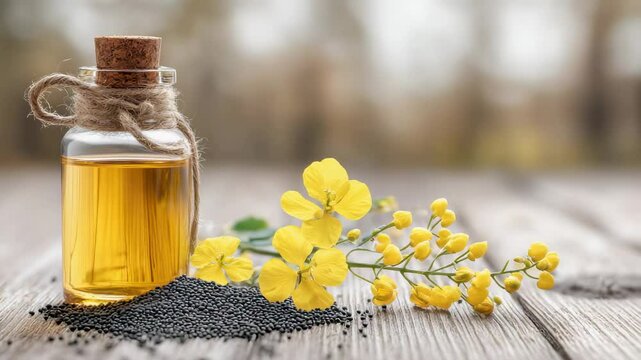 Discovering the benefits of mustard oil with mustard seeds and yellow flowers in an outdoor setting