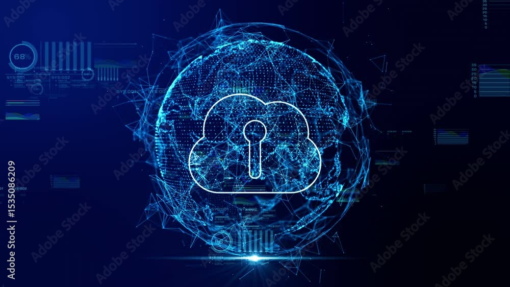 Poster Global Cloud Computing Security with Digital Data Connections and Cyber Protection Network. abstract background. Animation 4k. 3D rendering