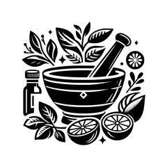 Black and white herbal medicine mortar and pestle illustration