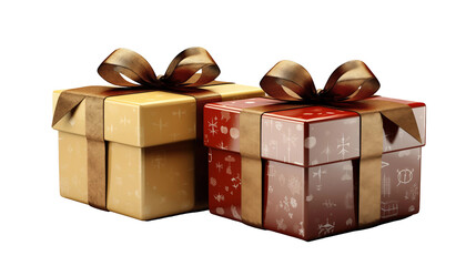 Brown-ribboned gift boxes, red-gold winter holiday presents, festive surprise packaging, elegant decoration, isolated on transparent background.