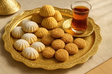 Golden Tray of Eid Cookies and Tea. Daylight