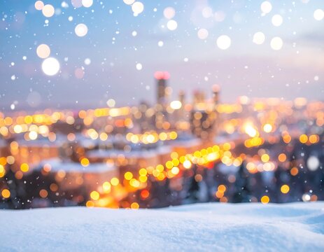 Snowy city lights at dusk