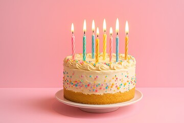 Birthday Cake with Lit Candles on Pink Background