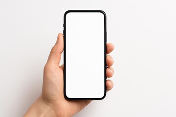 Hand Holding Smartphone Mockup with Blank Screen on white Background