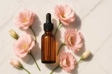 Minimalist Amber Serum Bottle with Pink Flowers on Marble Background