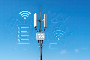omni setup outdoor wifi, wireless internet network access point tower, 5G antenna against clear blue sky