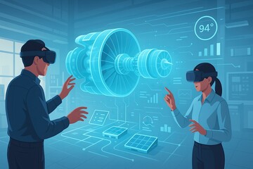 Engineers using virtual reality to interact with a digital twin of a jet engine for advanced diagnostics and predictive maintenance in industrial settings