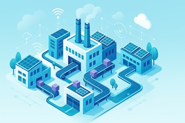 Modern isometric illustration of a smart industrial factory complex with interconnected buildings chimneys and solar panels representing advanced manufacturing systems