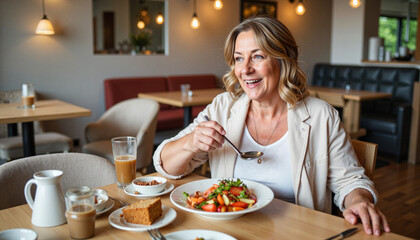 Happy disabled woman enjoying meal in modern caf&eacute;, joyful experience