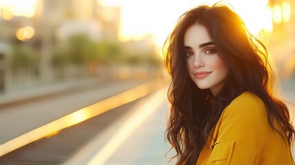 Fototapeta premium Radiant beauty: An attractive woman with long dark hair illuminated by the warm golden sunlight, her smile radiating an aura of tranquility and serene poise. 
