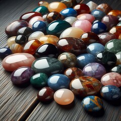 A close-up view of various smooth gemstones featuring an array of colors including red, green, blue and orange with a glossy finish arranged on a dark wooden surface