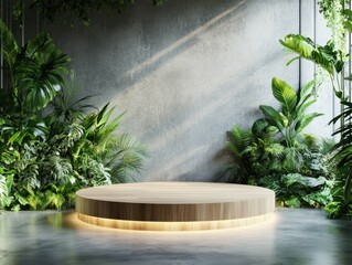 sharp image of Modern wooden podium for product showcase in a minimalistic studio setting with a concrete backdrop and lush greenery high detail 8k