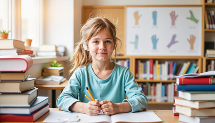 Curious deaf girl learning in library with sign language chart, education