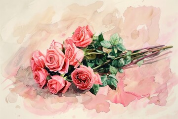 Watercolor Flats Lying Down Pink Rose Bouquet Beige Background Ideas for Valentines Day