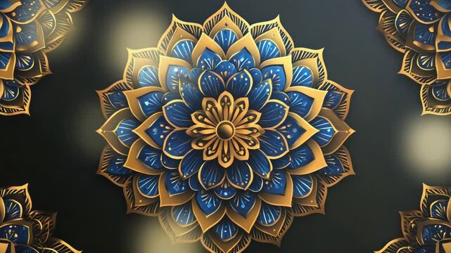 Ornate, golden and navy blue mandala design pattern on black background