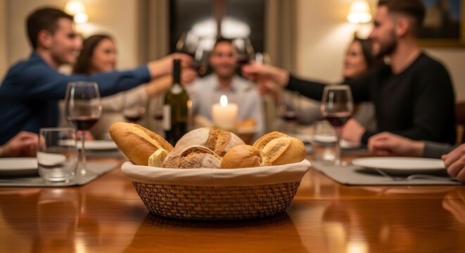Festive Dinner Gathering: Bread, Wine, and Companionship