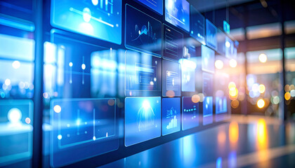 Futuristic digital interface with floating translucent UI panels, glowing in soft blue tones over a blurred modern background-generative AI