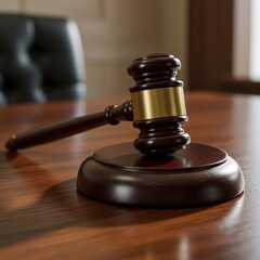 Brown wooden judge gavel and legal block resting on a polished courtroom desk. Law, justice, and auction concept for website or book cover design.