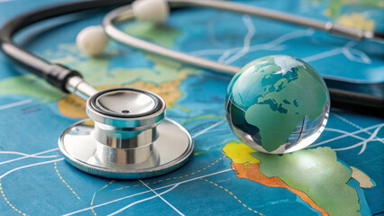Health system issues concept. Healthcare and travel concept with a globe and stethoscope on a map.