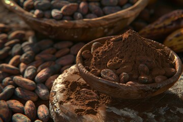 High Resolution Image of Cacao Beans and Powder and Food Dessert Background
