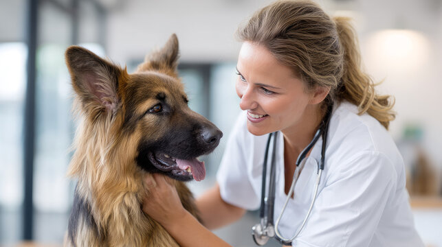 Smiling young veterinarian in blue coat holding dog providing compassionate care in modern veterinary clinic smiling at camera. Injury recovery, healthcare concept, pet treatment and prevention,