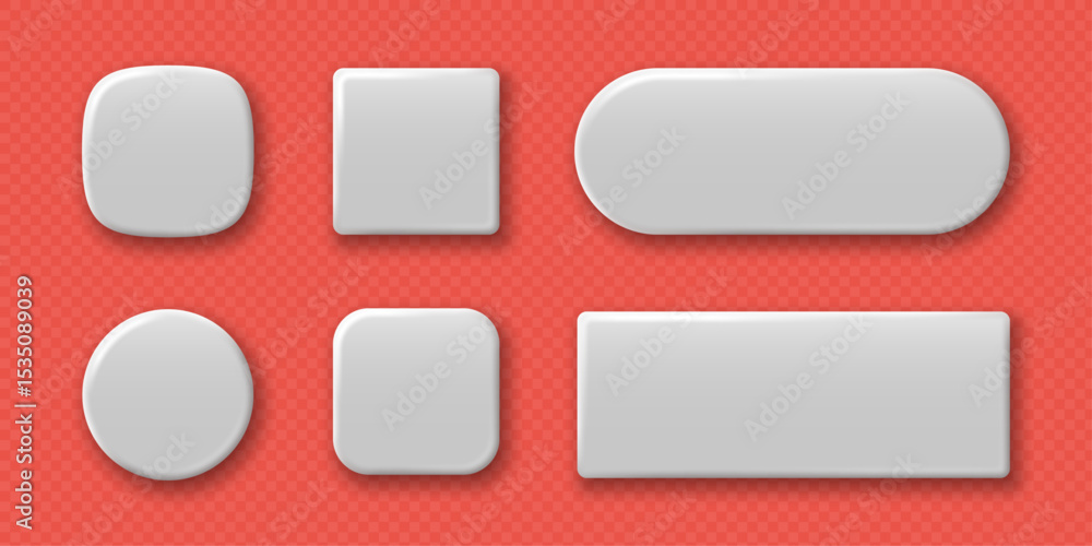 Fototapete set of white blank geometric buttons of square round and rectangular shapes with shadows. vector 3d 