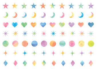 A set of seven colorful watercolor-style shapes, including stars and hearts