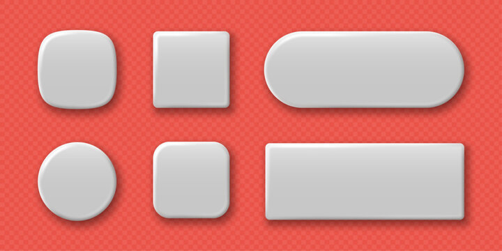 Set of white blank geometric buttons of square round and rectangular shapes with shadows. Vector 3d illustration.