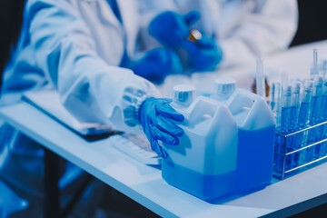 Research, experiment and medical trial being done by a scientist in a lab, science facility or...