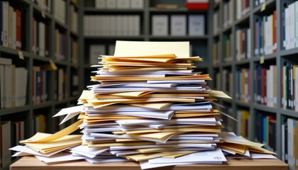 Obraz premium Overwhelming Stack of Unorganized Documents in Library Shelves
