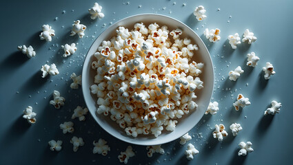 Bowl overflowing with popcorn and salt on a table for a movie night