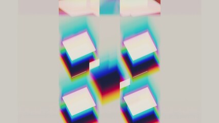 Colorful abstract background of cubes and squares. 3d render of shapes and colors with dispersion and refraction effects, forming abstract colorful illustration