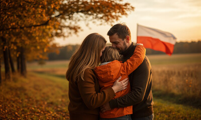 Fototapeta premium Polish family hugging in autumn landscape with Polish flag at sunset. Rear view of mother, father, and child embracing.