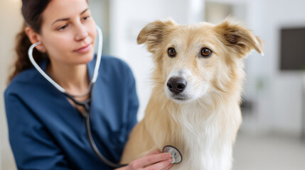 Smiling young veterinarian in blue coat holding dog providing compassionate care in modern veterinary clinic smiling at camera. Injury recovery, healthcare concept, pet treatment and prevention,