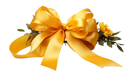 Gold satin bow with yellow flowers, festive gift decoration, wedding anniversary party, macro luxury , isolated on transparent background.