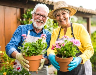 Senior couple gardening