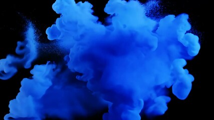 Cobalt blue pigment bursts outward swirling patterns over dark canvas capturing high energy artistry stunning K suitable creative intros fashion backdrops social media teasers